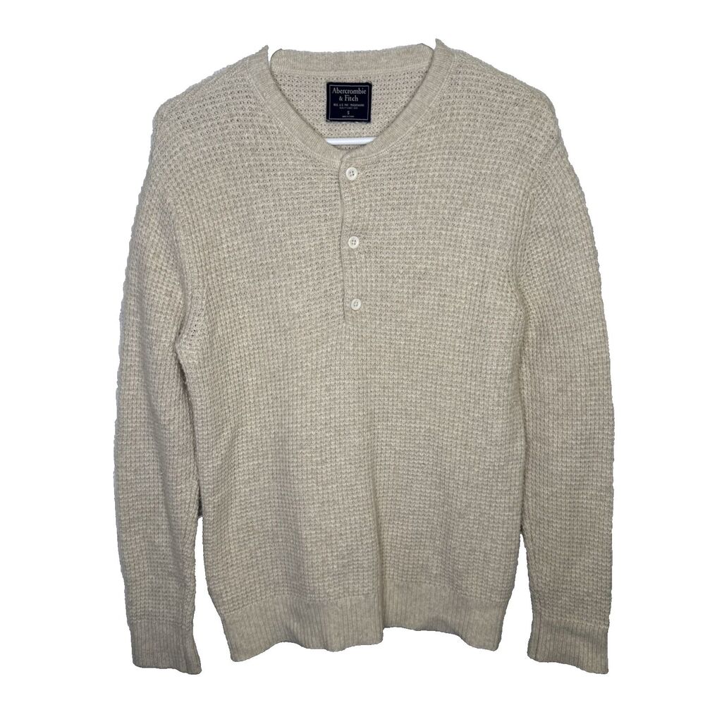 Abercrombie & Fitch Mens Small S Beige Wool Blend Waffle Knit Henley Sweater Y2K